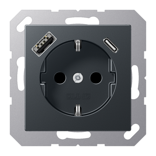 Розетка 2К+З 16А 250В~, с разъемом  USB Typ AC, антрацит