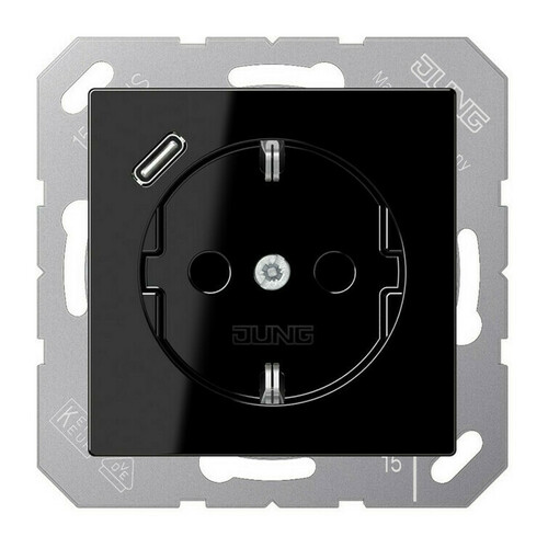 Розетка с USB Jung A 500, скрытый монтаж, с заземлением, черный, A1520-18CSW