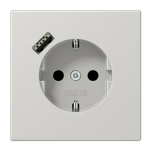 Розетка с USB Jung LS 990, скрытый монтаж, с заземлением, светло-серый, LS1520-18ALG