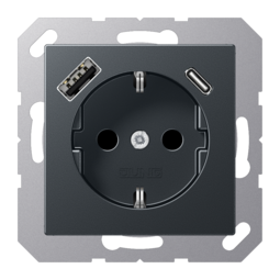 Розетка 2К+З 16А 250В~, с разъемом USB Typ AC, антрацит